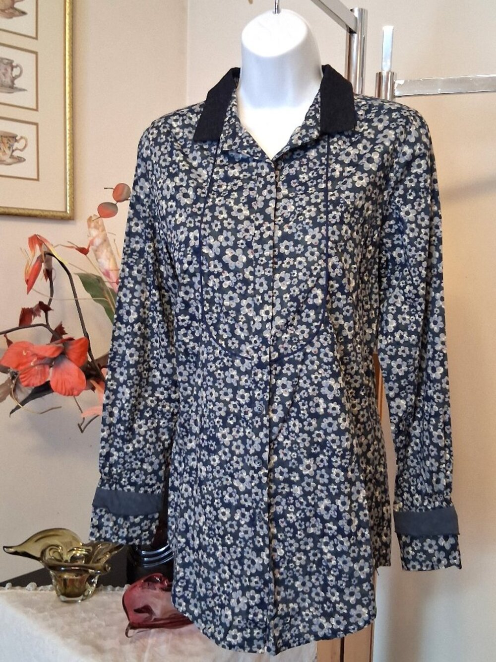 NEW NADINE H Women’s Luxury Blue Floral Printed Blouse Long Sleeve Top 10